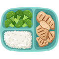 Bento box with broccoli, white rice, and sliced grilled chicken