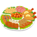 Assorted colorful appetizers and skewered grilled foods arranged on a large white plate