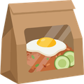 Brown takeout bag with a rice bowl topped with a fried egg and sliced cucumbers visible inside