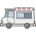 White food truck with a pink-and-white striped awning on a plain background