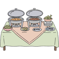 Buffet table with two chafing dishes, bowls, and stacked plates on a green tablecloth