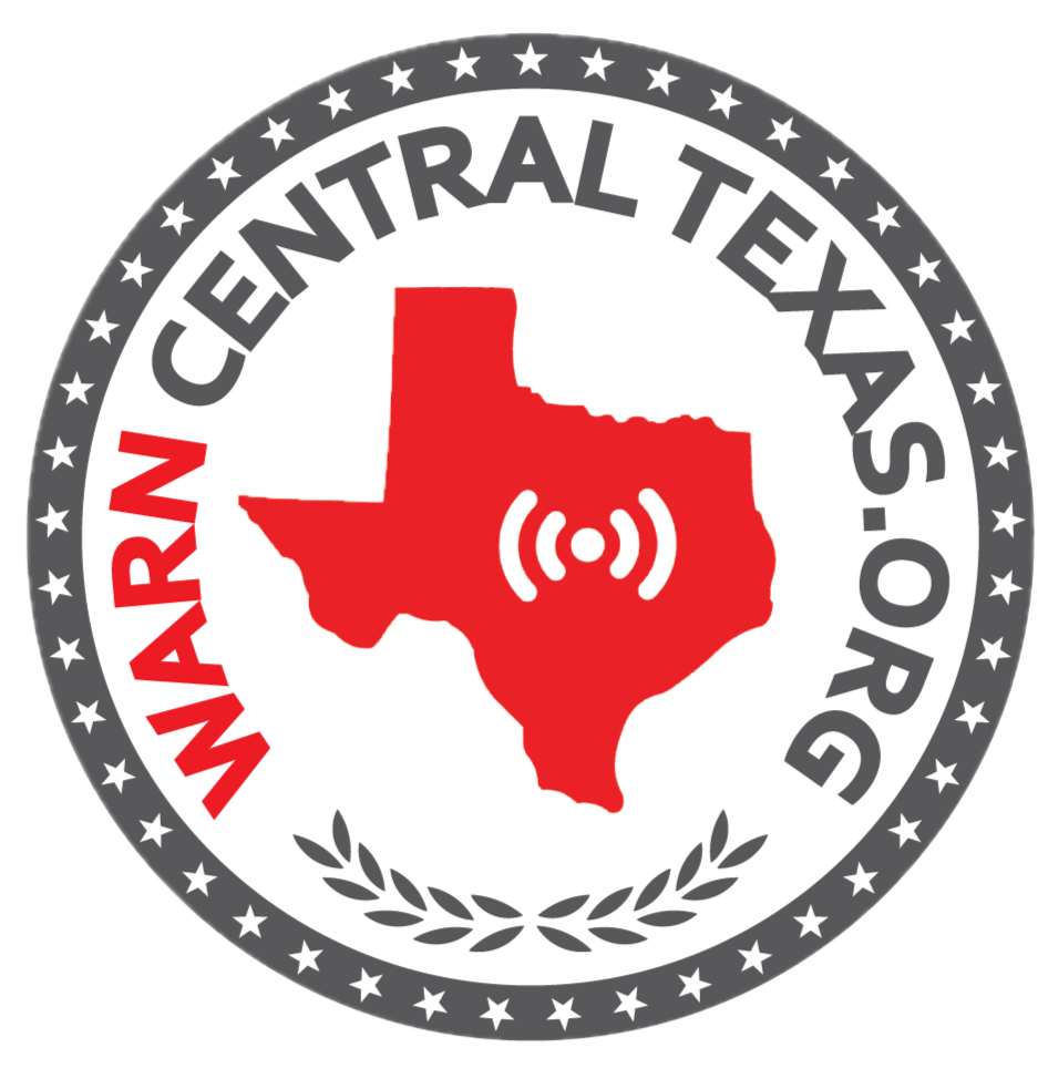 War Central Texas logo: red Texas map with radio waves in a gray circular star border.