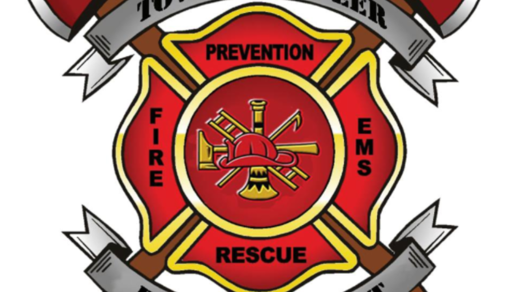 Red fire department emblem with crossed tools and words “Prevention,” “Fire,” “EMS,” and “Rescue”