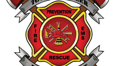 Fire rescue emblem with crossed hoses and red shield labeled prevention, fire, EMS, and rescue