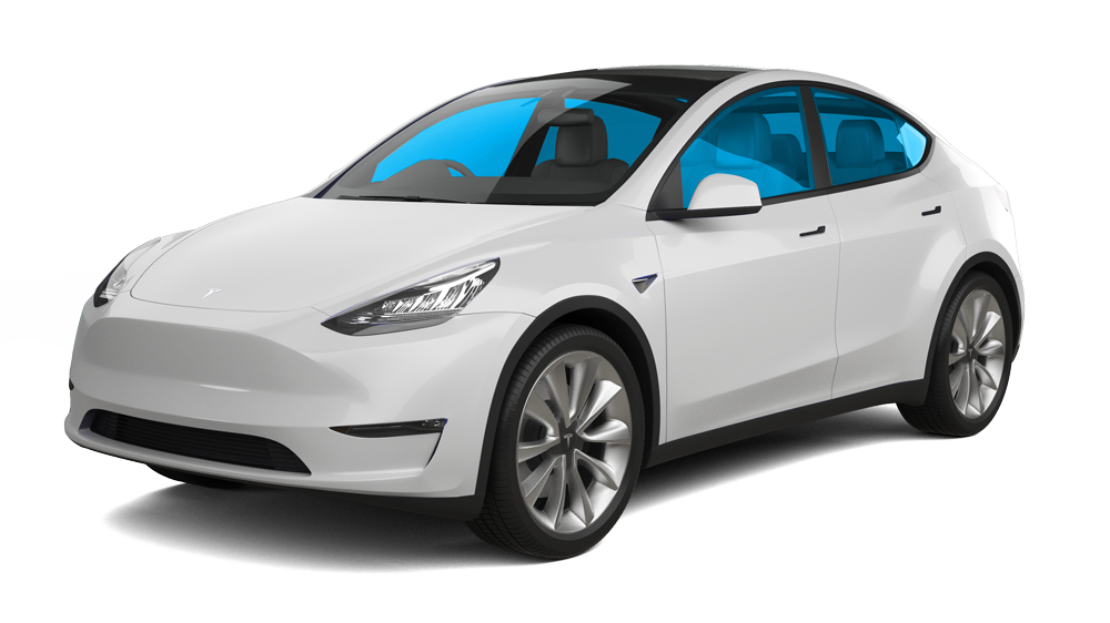 White Tesla sedan with black wheels and blue-tinted windows on a white background