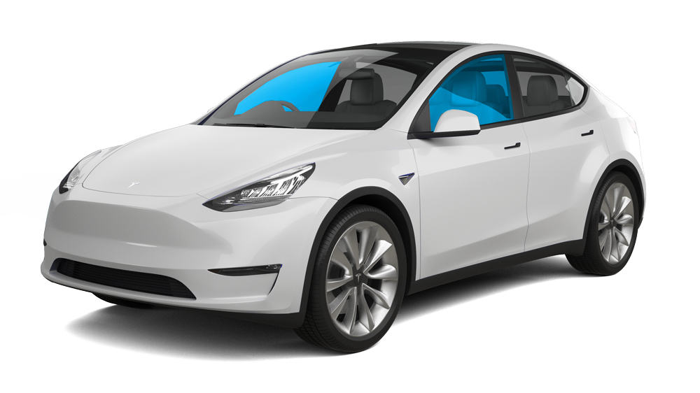 White Tesla Model S with black wheels and blue-tinted headlights on a white background