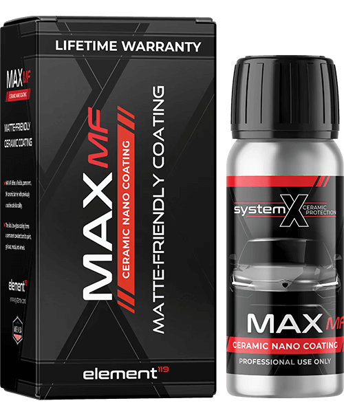 MAXF ceramic nano coating product box and bottle, black and red matte finish coating label