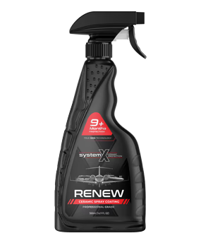 Black trigger spray bottle of Renew automotive cleaner with red label on white background