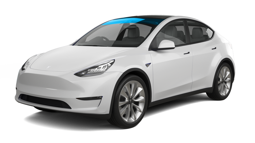 White Tesla Model S sedan on a white background, front three-quarter view with black wheels and teal headlights