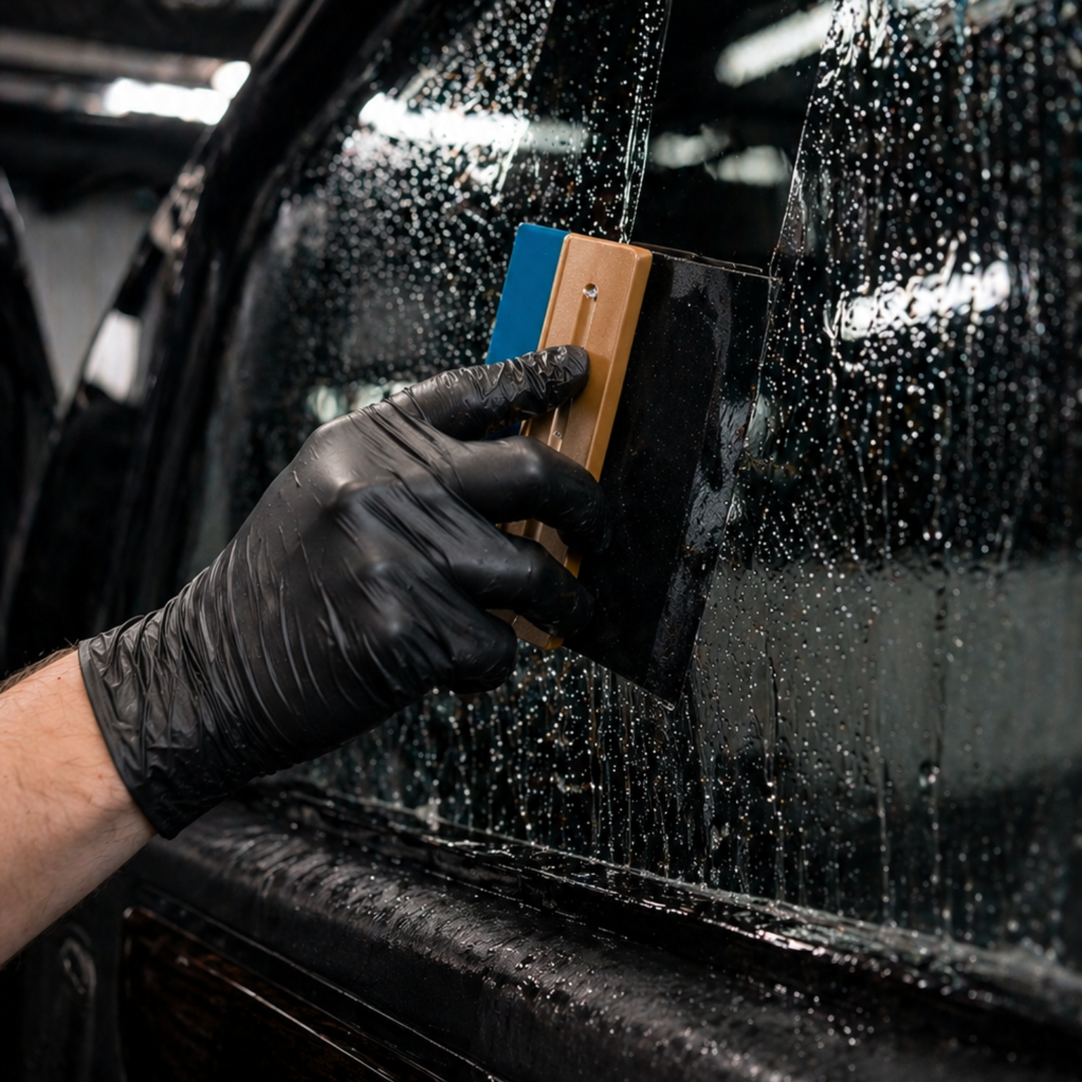 Gloved hand using a squeegee to clean a wet black car window