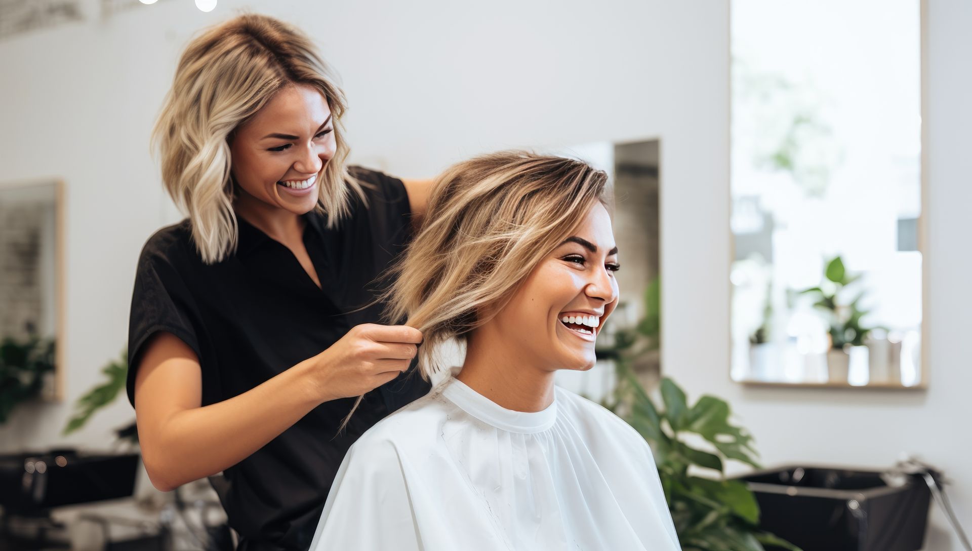 Eine Frau lässt sich in einem Salon von einem Friseur die Haare schneiden.