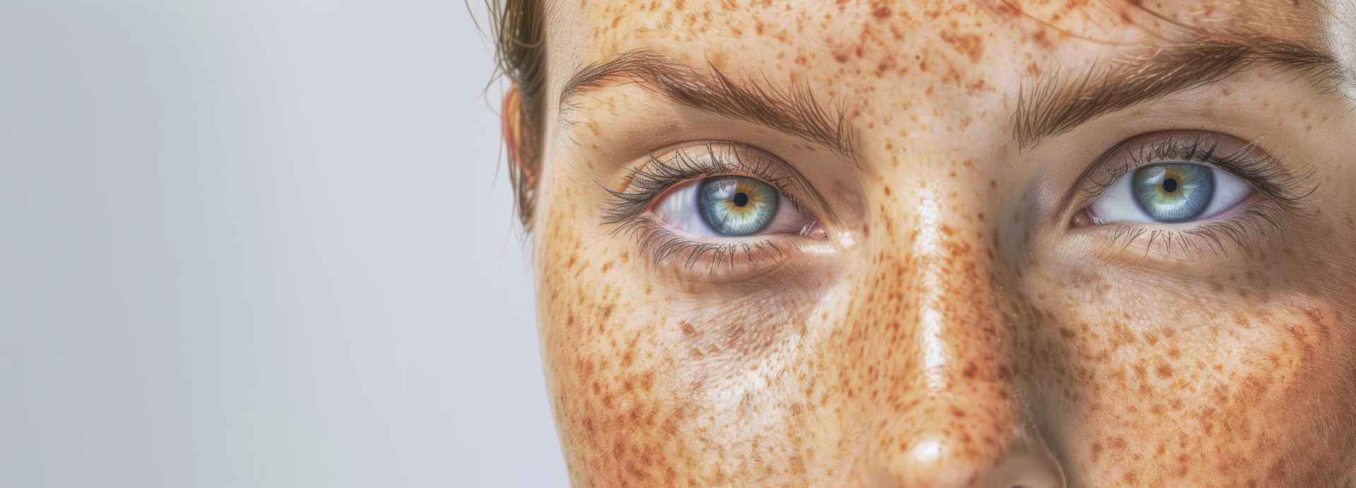 Eine Nahaufnahme des Gesichts einer Frau mit Sommersprossen und blauen Augen.