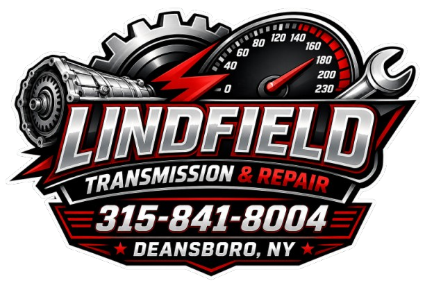 Lindfield Transmission & Repair logo with phone number 315-841-8004 and Deansboro, NY, in red, black, and silver