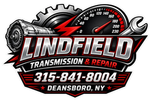Lindfield Transmission & Repair logo with phone number 315-841-8004 and Deansboro, NY, in red, black, and silver