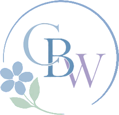 CBW logo with blue and purple letters, a blue flower, green leaves, and a light blue circular outline