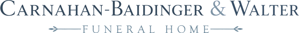 Carahan-Baidinger & Walter Funeral Home logo with green leaf accent and black text