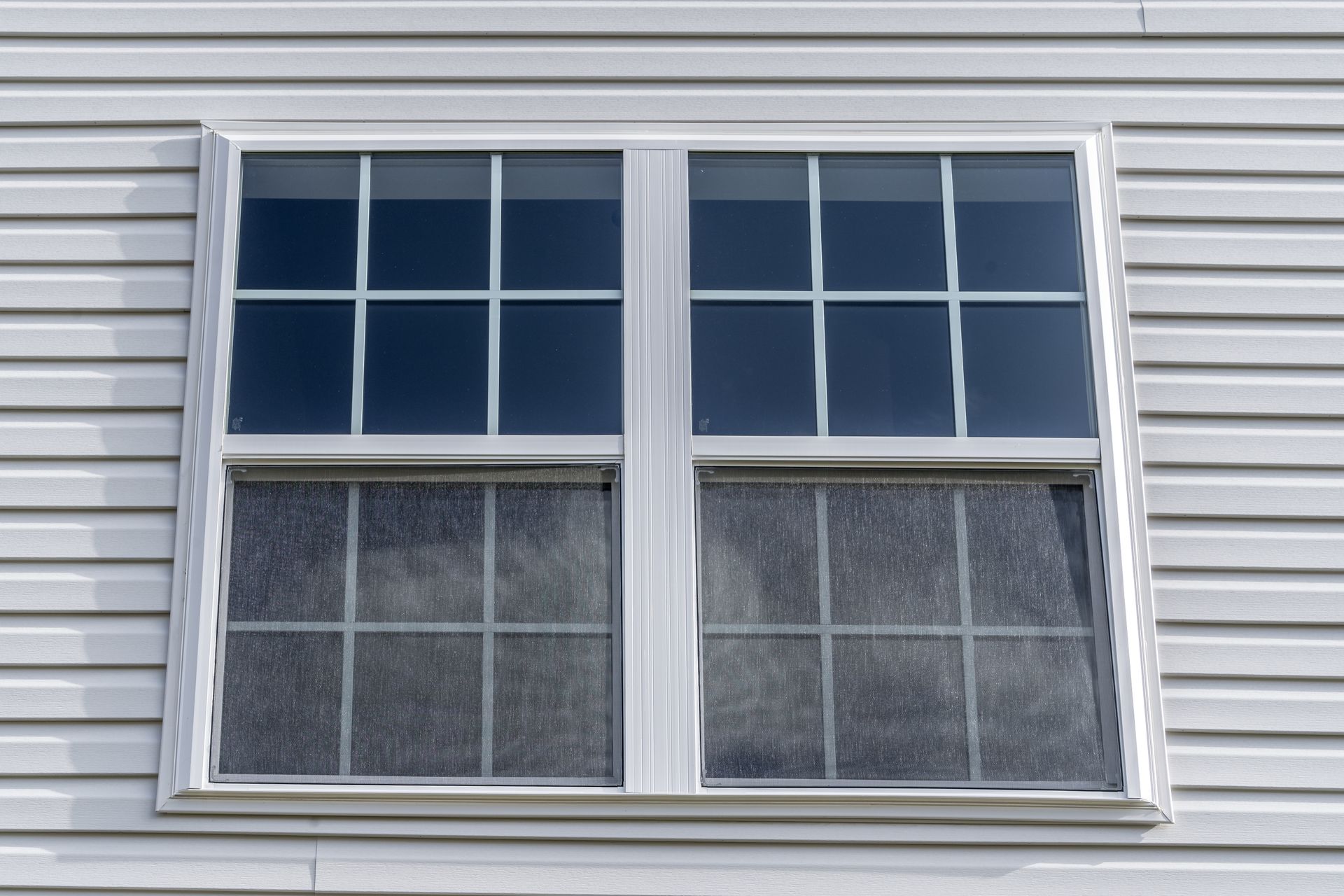 Two white-framed windows with black grids on a yellow wall, casting shadows.