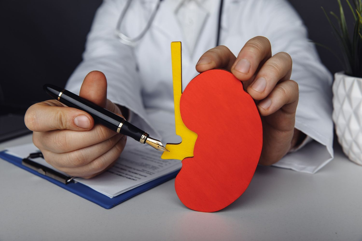 Doctor holding a kidney model with a pen, pointing at it.
