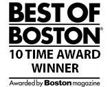 Best of Boston 10-time award winner badge, black text on white background with Boston magazine logo