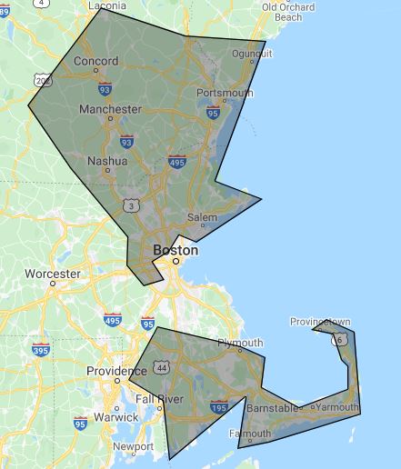 Map of New Hampshire and Massachusetts with gray polygon overlays on a blue-and-green road map.