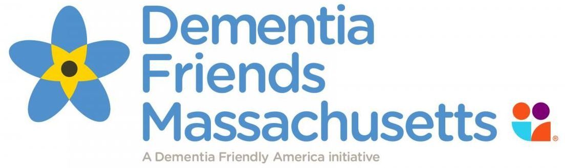 Dementia Friends Massachusetts logo with blue flower and multicolor people icon