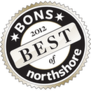 Round “Best of Northshore 2012” award badge in black, white, and gray