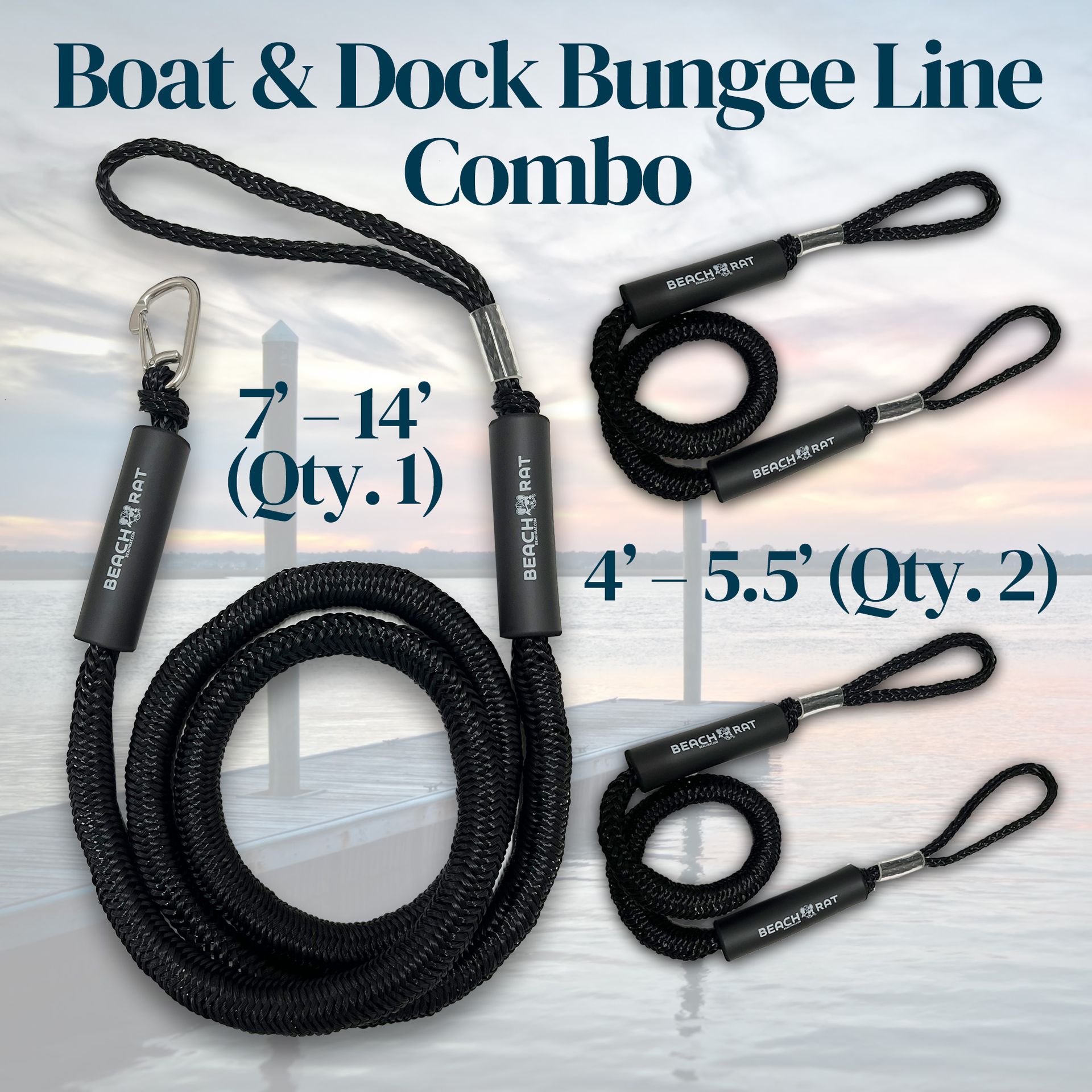 Rope Kit - Black Beach Rat Bungee Ropes - (Qty 1) 7 – 14' Rope & (Qty 2) 4' – 5.5' Ropes