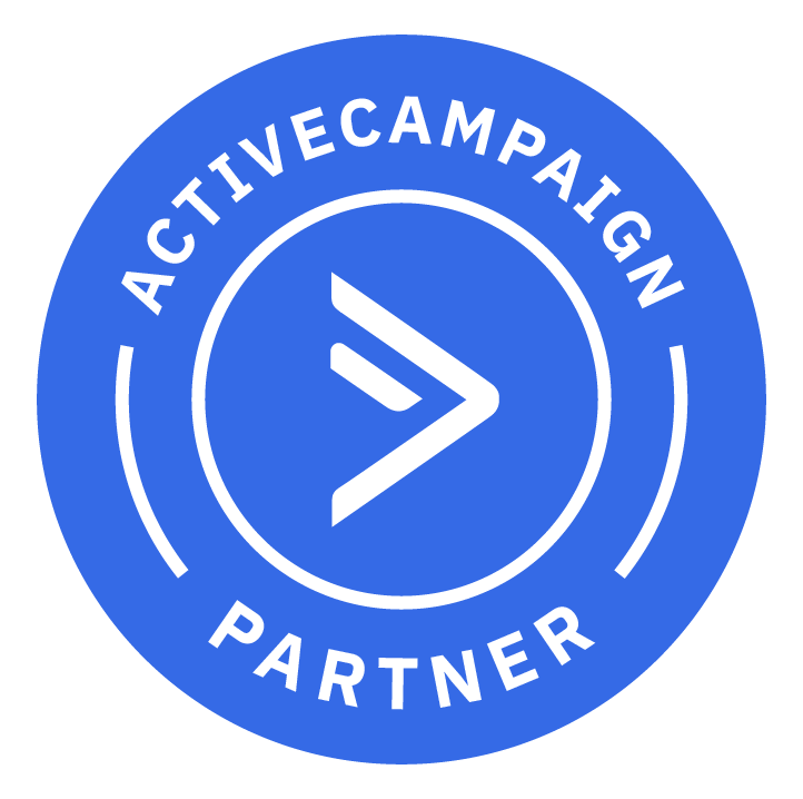 The logo for active campaign partner is a blue circle with a white arrow in the center.
