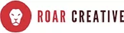 A logo for roar creative with a lion head in a red circle.