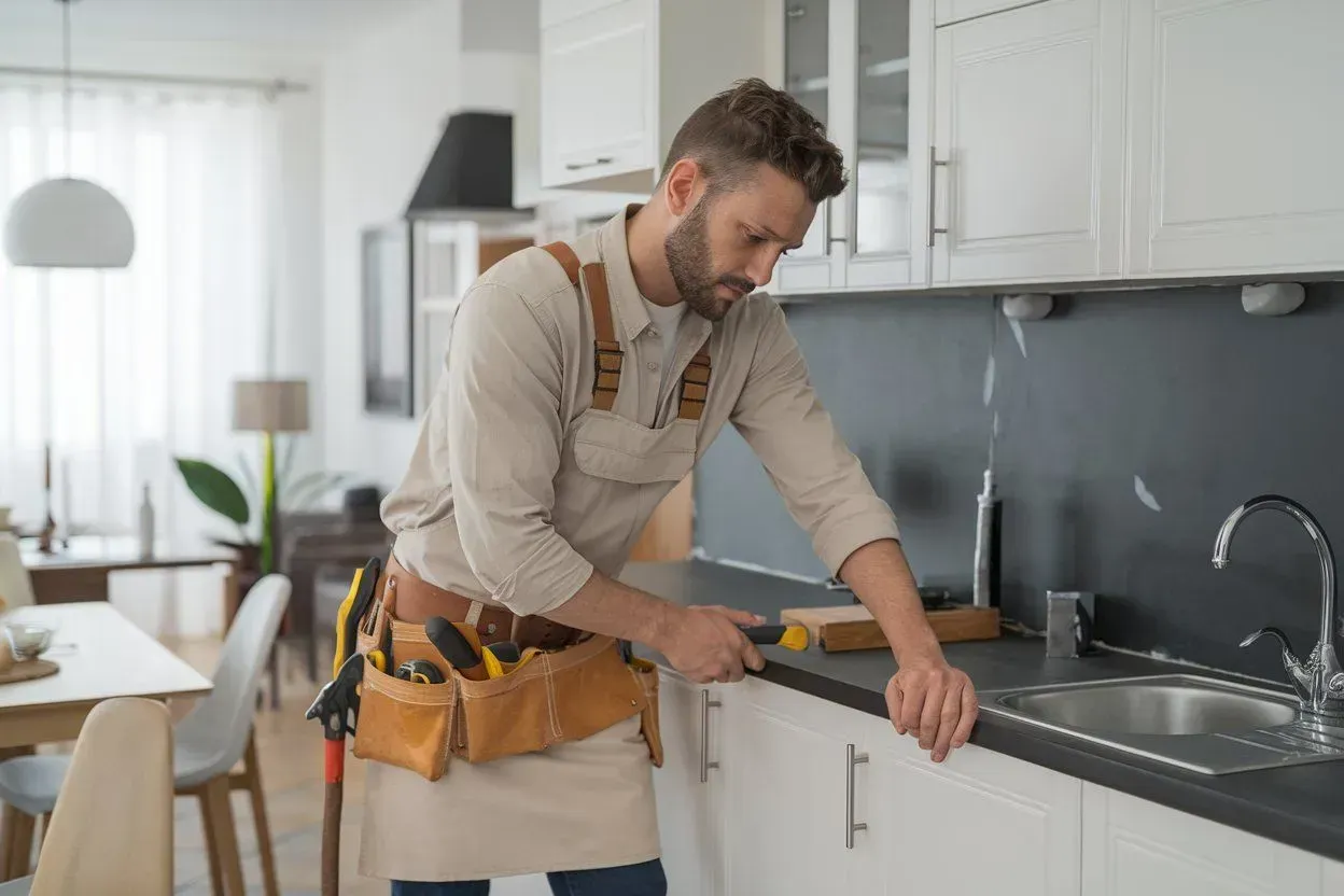 Handyman in apron measuring a kitchen countertop beside a sink in a bright white kitchen