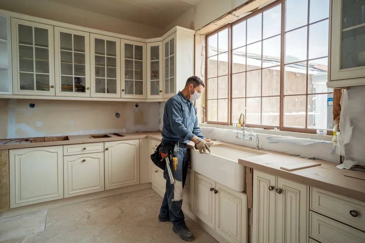 Contractor installing a kitchen countertop beside a large window in a bright, unfinished kitchen.