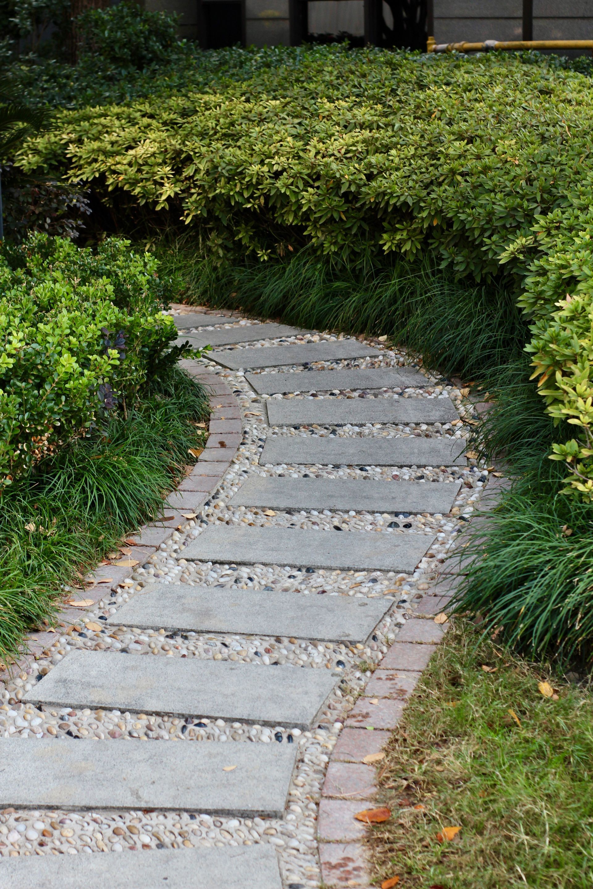 Curved stone garden path bordered by lush green shrubs and grass.