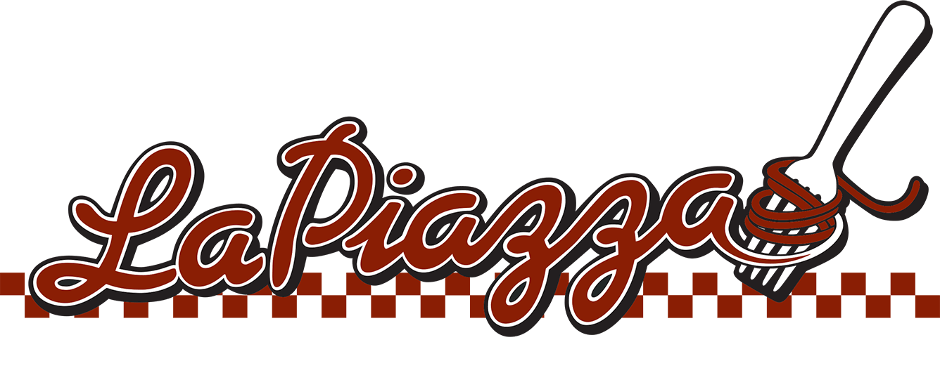 A logo for a pizza restaurant with a checkered background.