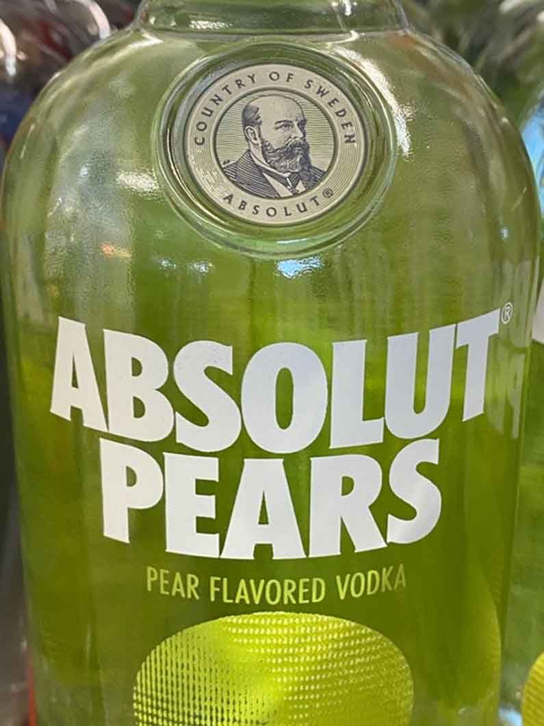 A bottle of absolut pears pear flavored vodka