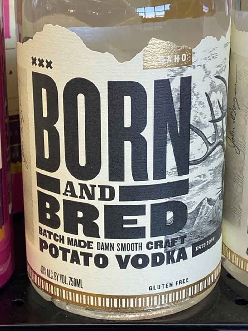 A bottle of born and bred potato vodka on a shelf