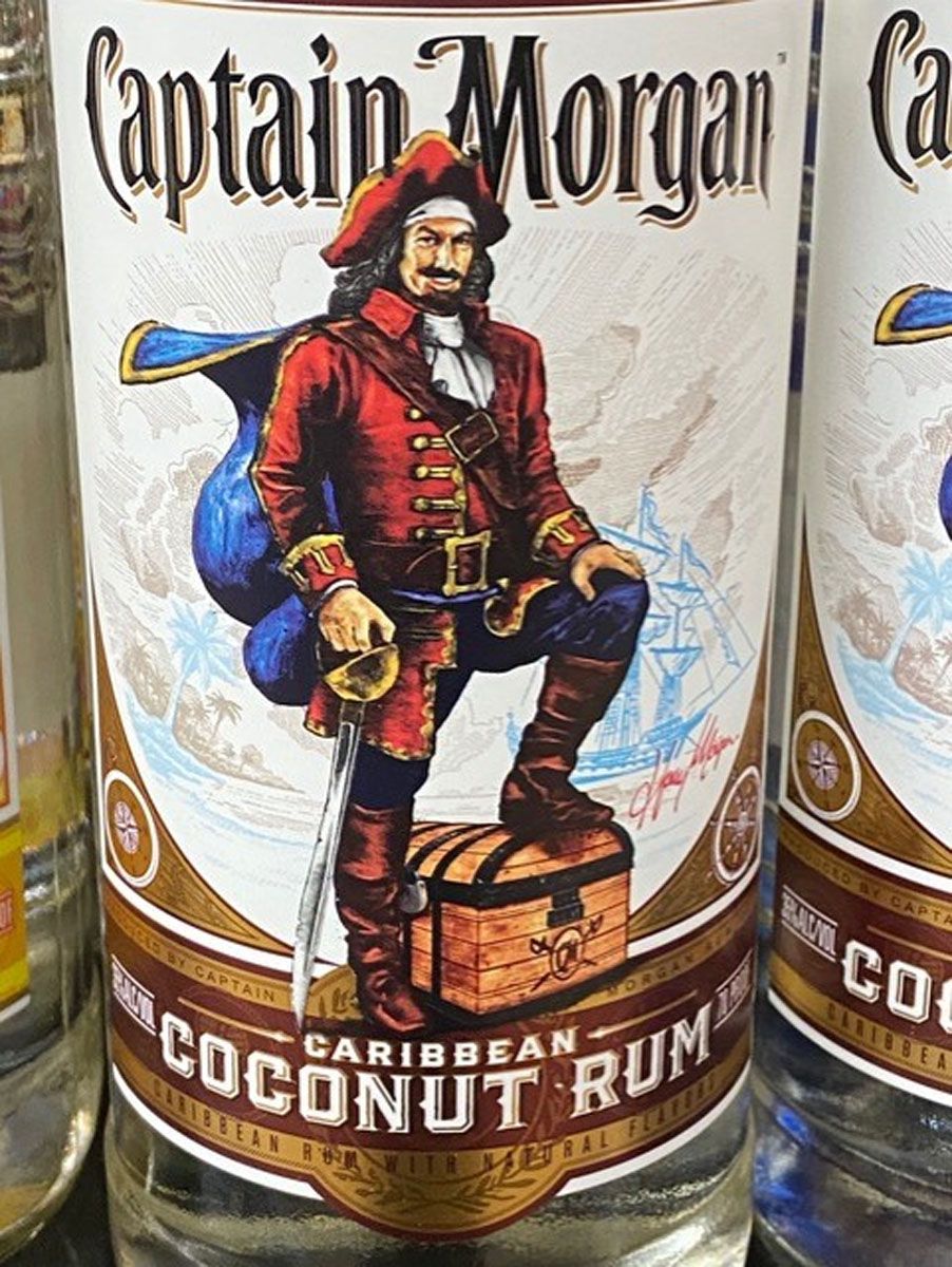 A close up of a bottle of captain morgan coconut rum