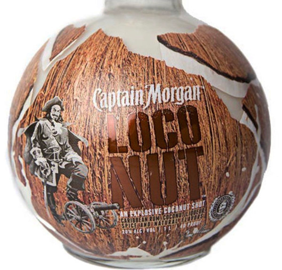A bottle of captain morgan loco nut is shaped like a coconut