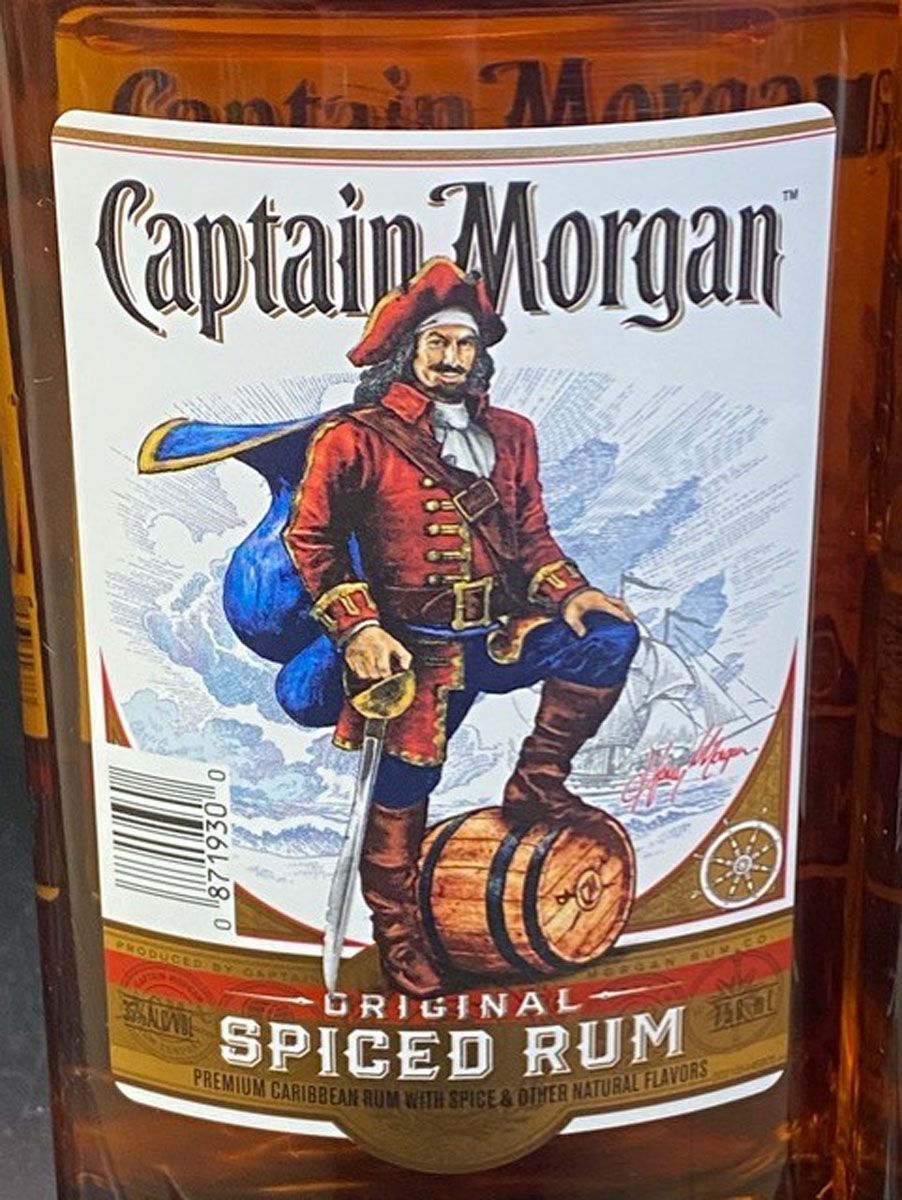 A bottle of captain morgan spiced rum with a pirate on the label.