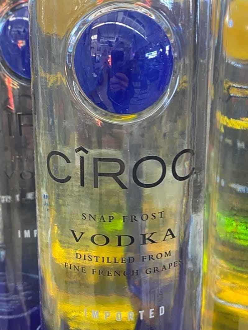 A close up of a bottle of ciroc vodka.
