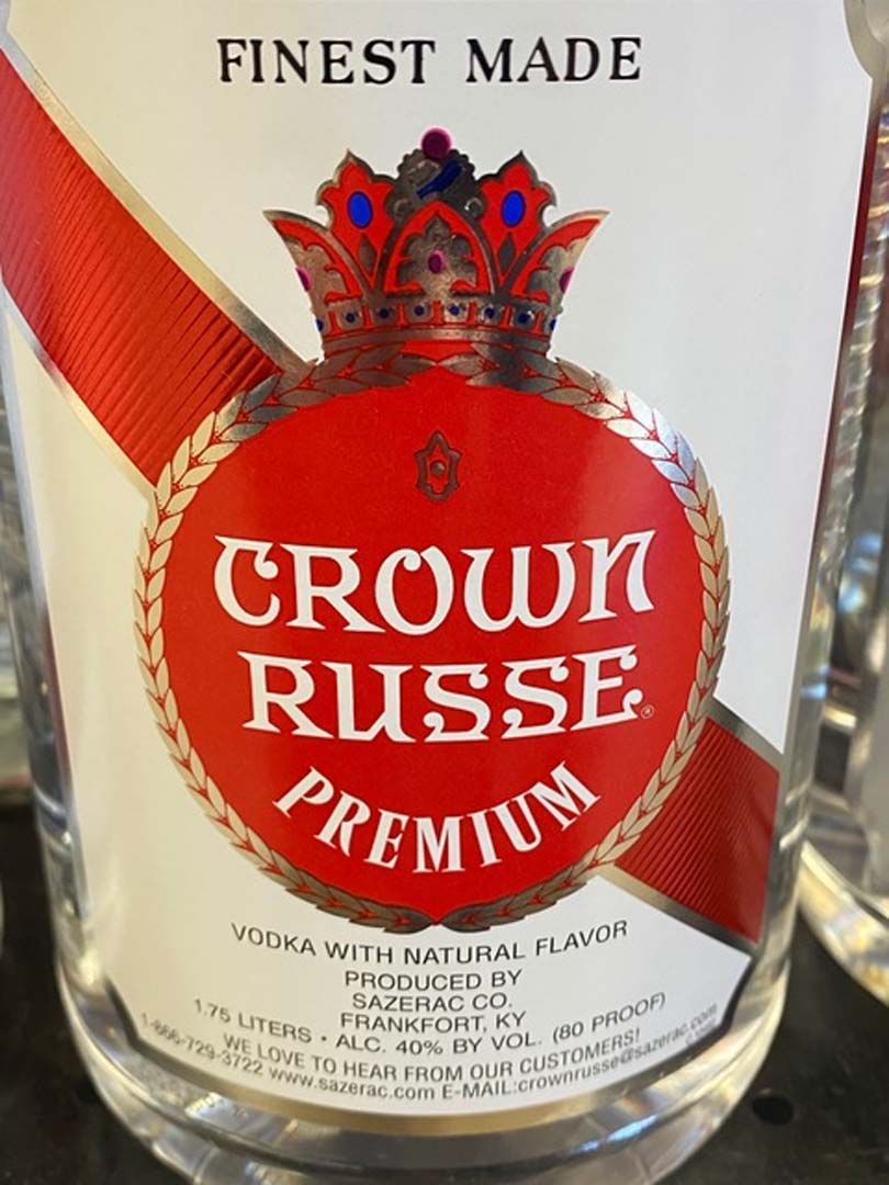 A close up of a bottle of crown russe premium vodka