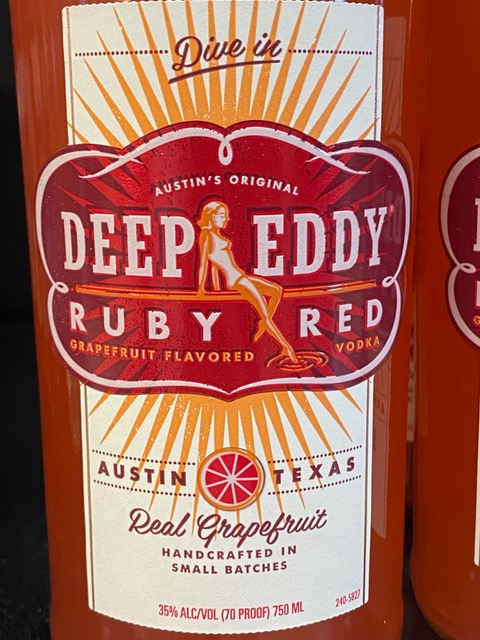 A bottle of deep eddy ruby red grapefruit flavored vodka