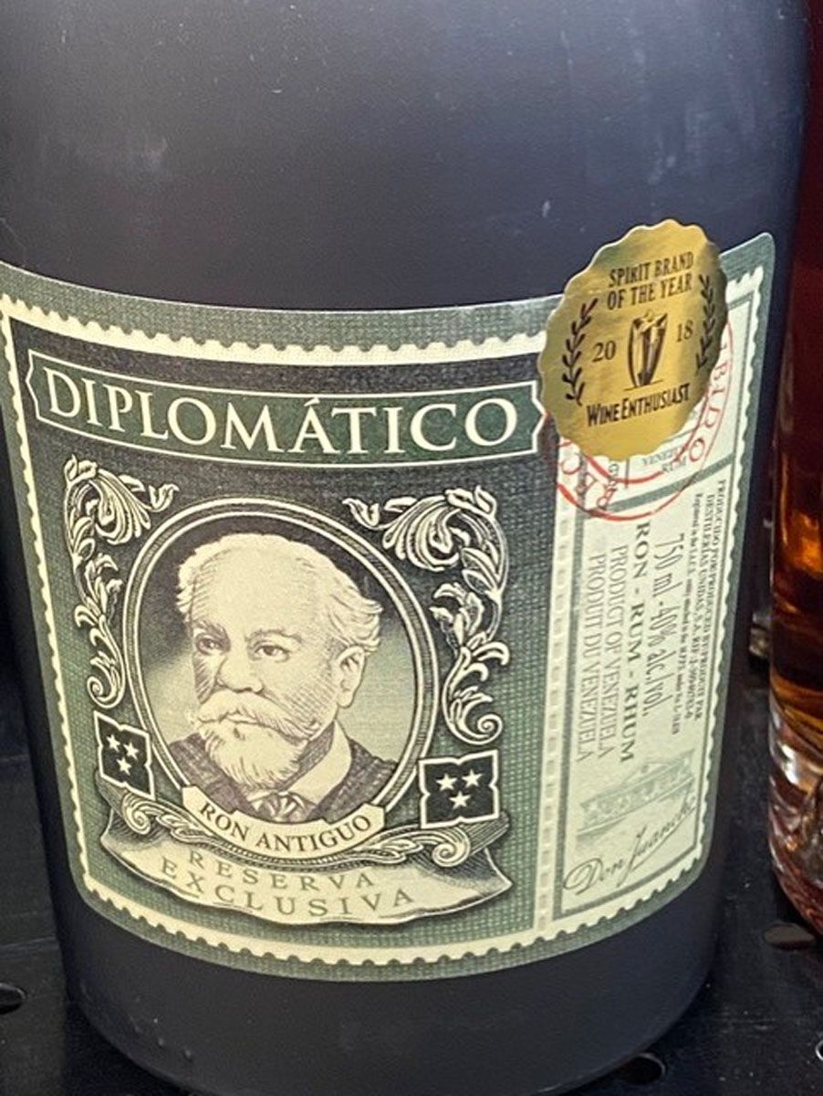 A close up of a bottle of diplomatico rum