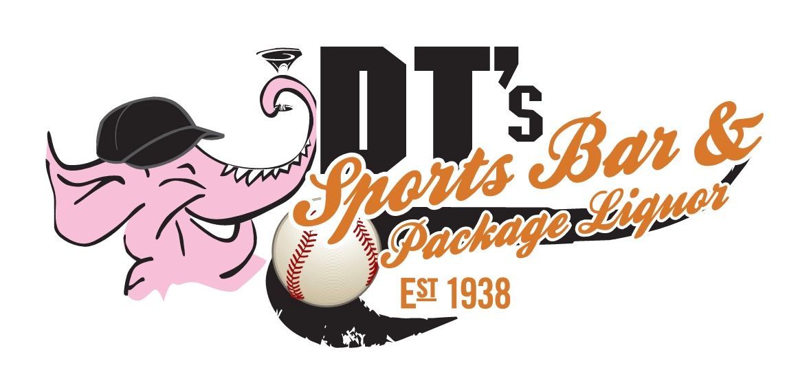 Logo for DT's Sports Bar & Package Liquor. Pink elephant with a baseball cap. Baseball in front of the bar name.
