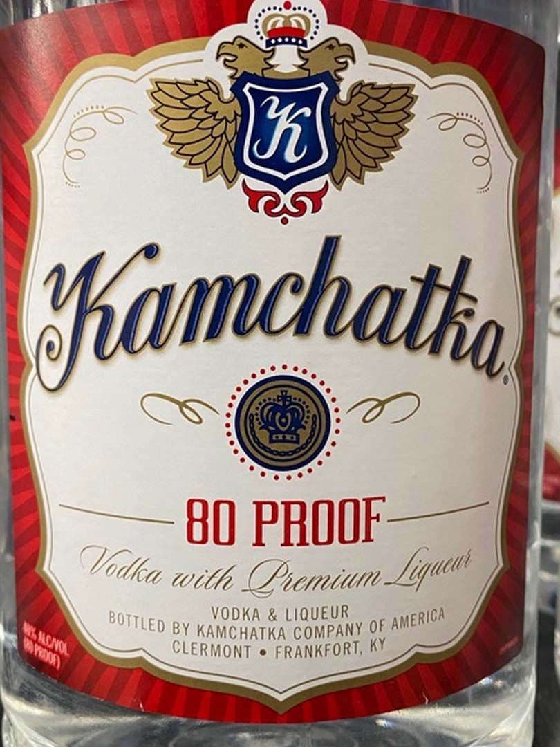 A bottle of kamchatka 80 proof vodka with premium liqueurs