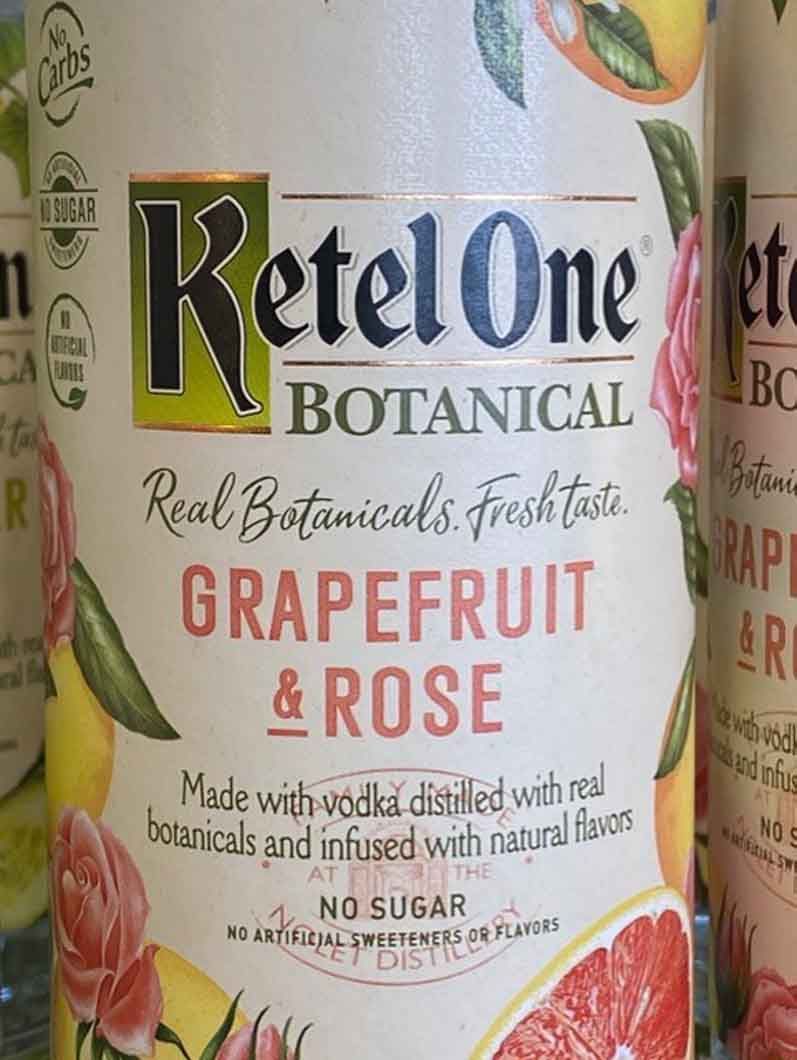 A bottle of grapefruit and rose vodka made with vodka distilled with real botanicals and infused with natural flavors.