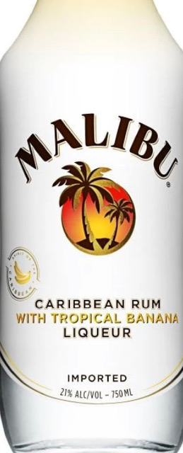 A bottle of malibu caribbean rum with tropical banana liqueur
