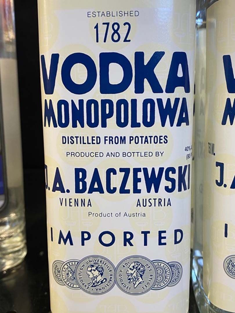 A close up of a bottle of vodka monopolowa