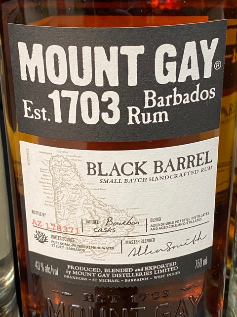 A bottle of mount gay black barrel rum from barbados