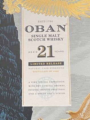 A bottle of oban single malt scotch whisky aged 21 years