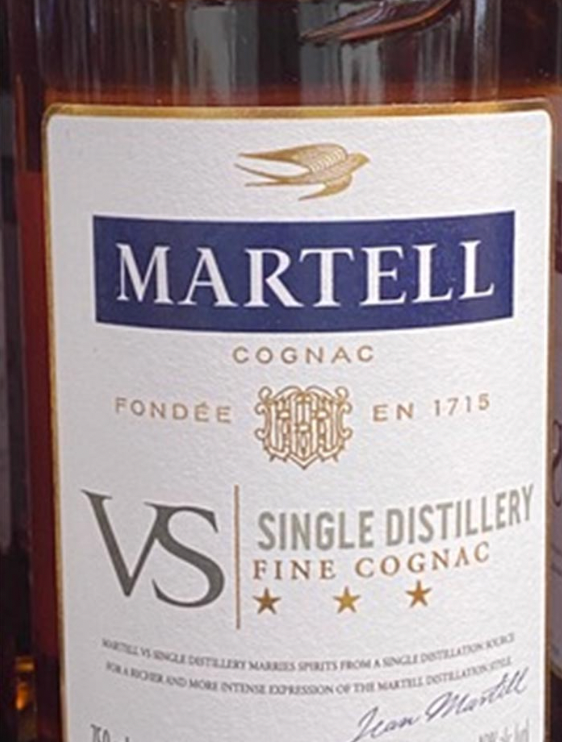 A bottle of martell single distillery fine cognac